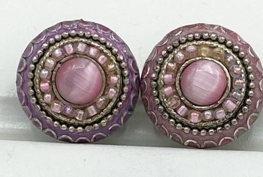 Vtg Silver Plated Pink Cat Eye Seed Bead Button Clip Earrings N9