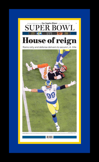 Los Angeles Rams - 2022 Super Bowl Championship L.a. Times Newspaper "House Of Reign" Double Matted & Framed in Authentic Team Colors