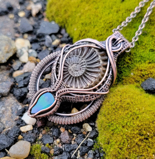 Rare Pyritized Ammonite Negative & Blue Ammolite Wire Wrapped Pendant in Antiqued Copper