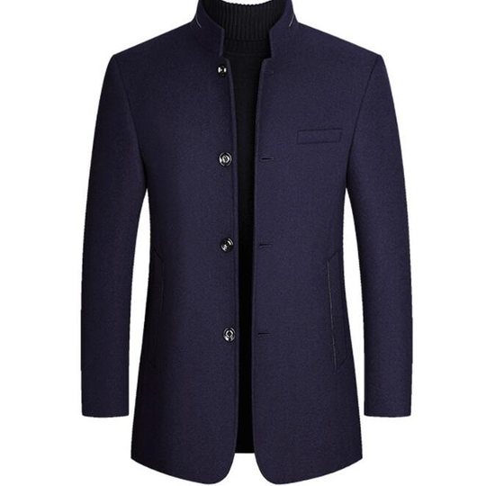 Men's Gentle Band Collar Single Breasted Blend Pea Coat - Navy, S - small navy blue