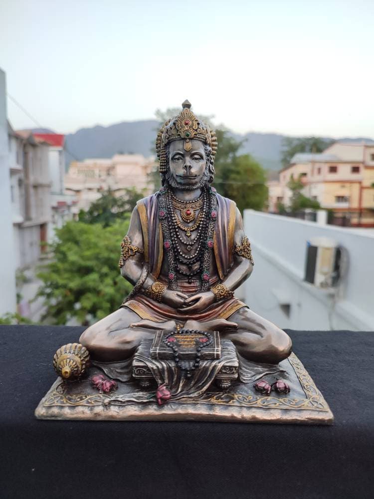 Hanuman Statue - Sitting Lord Ram Bhakt 8 Inches Bronze Finish For Altar Temple With Bhakti Mudra Powerful God Bajrangbali