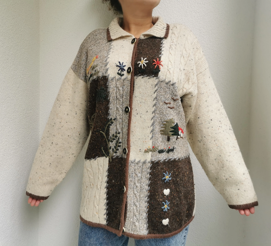 Vintage 90's Austrian Wool Cardigan, 90S Novelty Sweater, Scenic Print Women's Blend, Folk/Dirndl/Scenic/Cottage, Xl