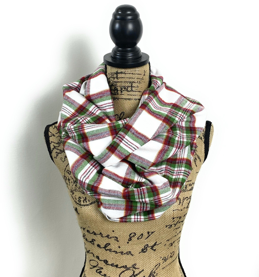 Tartan in White, Green, Red, Blue, Yellow & Black Medium-Weight Flannel Plaid Infinity Scarf