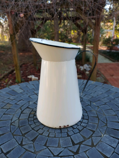 White Enamel Farmhouse Pitcher, Distressed Rustic Milk Pitcher