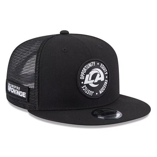 Men's New Era Black Los Angeles Rams 2022 Inspire Change Trucker 9FIFTY Adjustable Snapback Hat