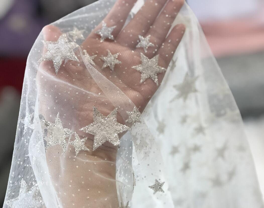 Wedding Mesh Fabric, Silver White Star Style Glitter By The Yard