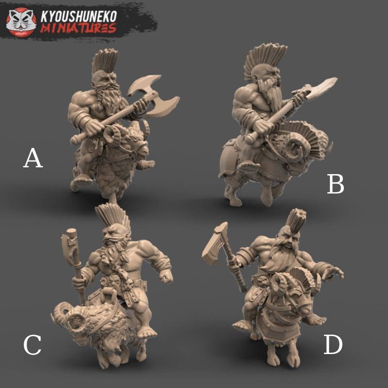 Dwarf Mounted Slayer Great Axe | On Rams | Slayers & Roman Ogres 3D Printed Miniature Kyoushuneko Miniatures