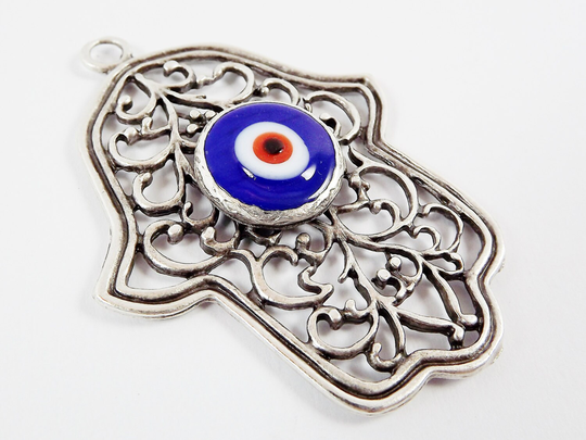 Blue Evil Eye Hamsa Pendant, Hand Of Fatima, Good Luck Protective Talisman Amulet, Artisan Glass, Royal Blue, Matte Antique Silver, 1Pc