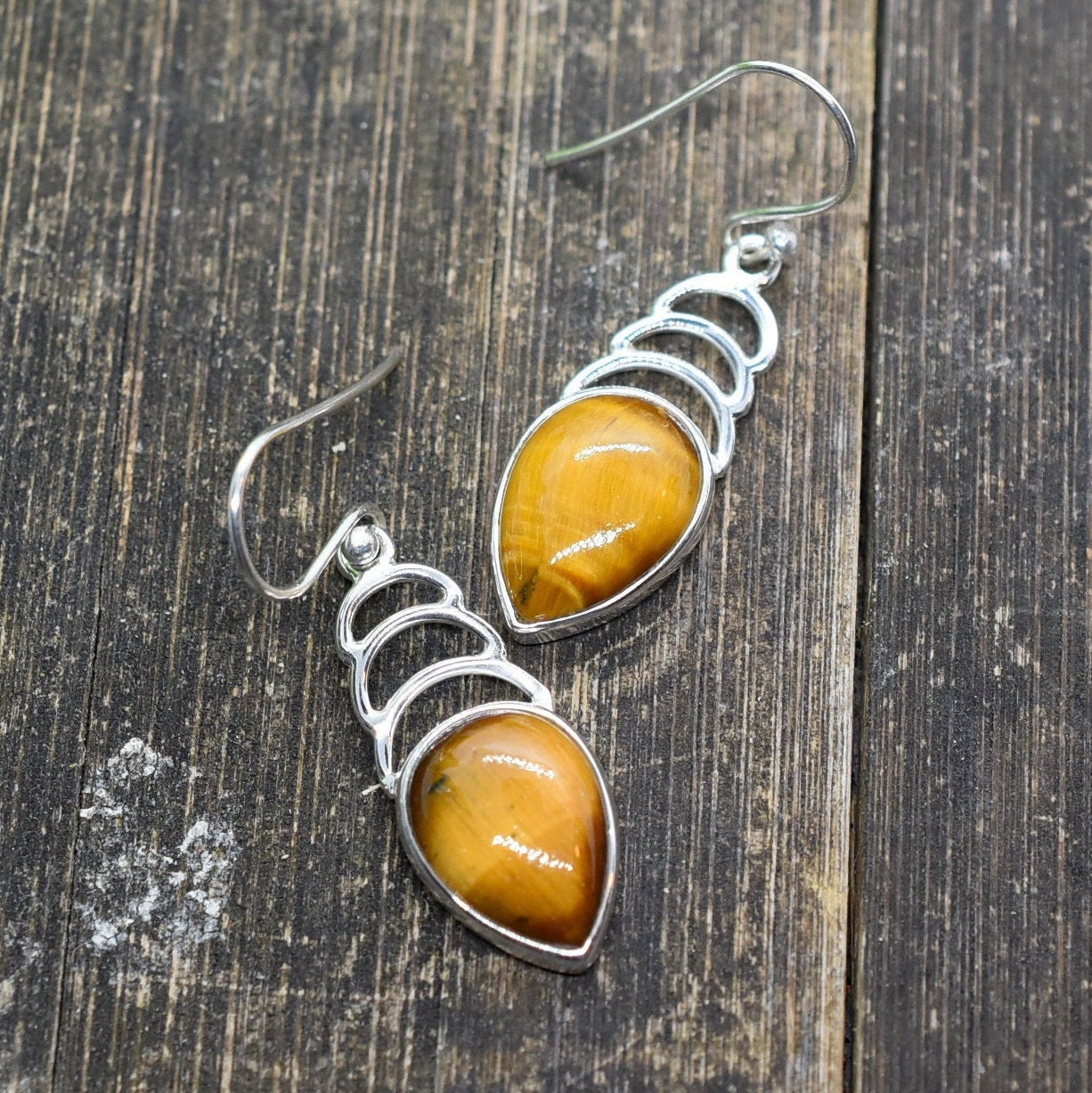 Tiger Eye Earring, Silver Dangle Drop Boho Handmade Earring, , Gift For Mother, Christmas