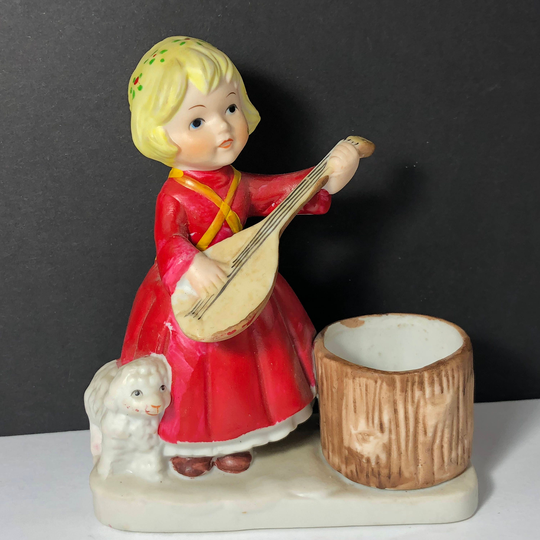 1980 Vintage Verona Vergasi Figurine Candleholder Statue Sculpture Candle Holder Blonde Girl Mandolin Guitar Sheep Lamb Red Dress