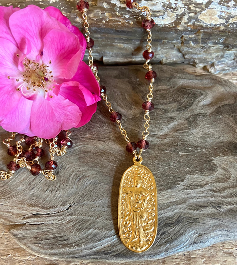 Garnet Gemstone Gold Buddha Charm Necklace