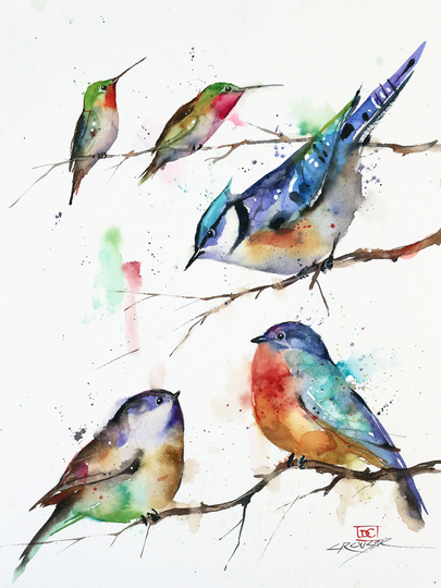 Songbirds in Tree Watercolor Bird Print By Dean Crouser