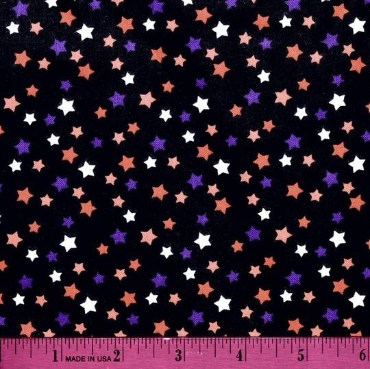 Halloween Blender Fabric | Sold By The Half Yard Continuous Cut 100% Quilting Cotton Mini Small Tiny Stars Orange Purple Black