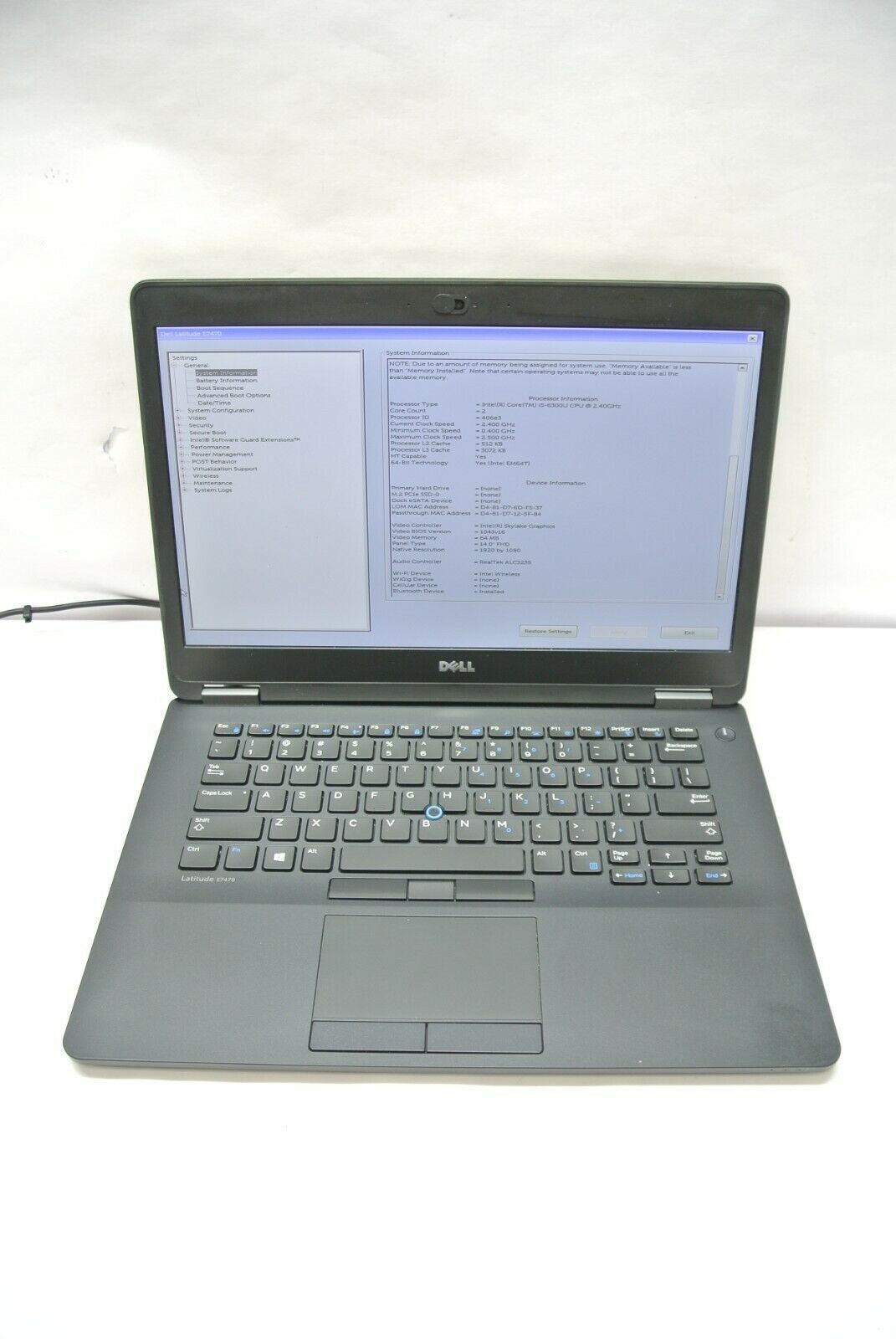 Dell Latitude E7470 14" 1920x1080 Core i5-6300U 8GB RAM No SSD No Battery -Boots