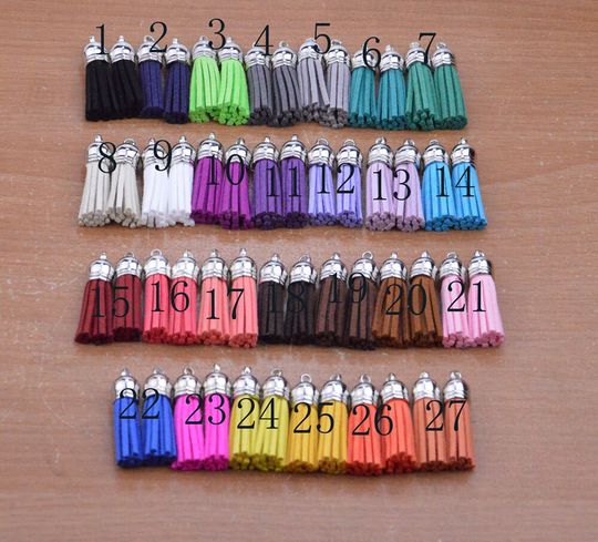 50Pcs Suede Tassels For Craft, Faux Leather Tassel, Fringe Tassel, With Silver Top Cap Charms, Tassel Pendants, 38x10mm