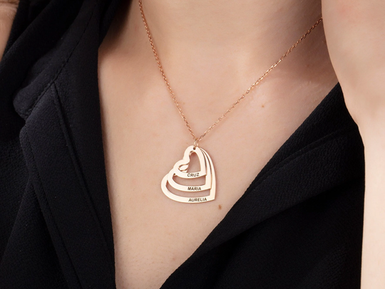 14K Solid Gold Heart Name Necklaces, Multi Engraved Pendant, Custom Made Jewelry, Meaningful Gift For Mom, Valentine's Day Gifts