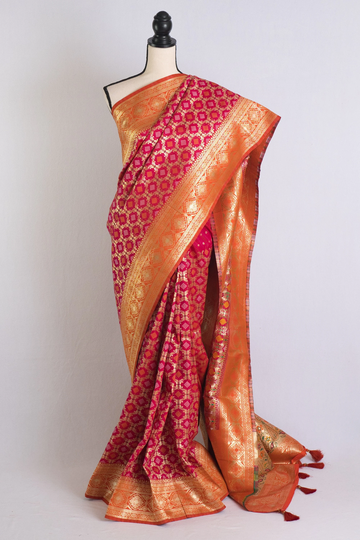 Blended Silk Patola Saree With Woven Geometric Pattern in Dark Pink & Orange | Bengal Looms