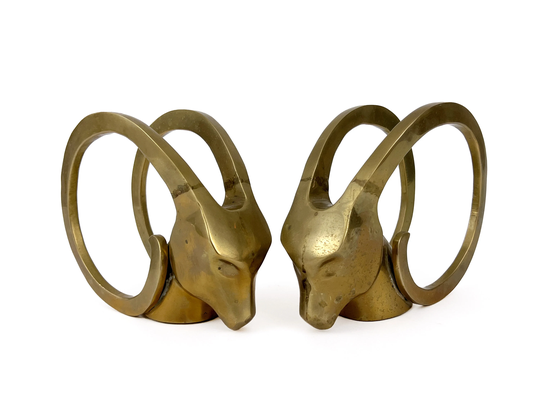 Vintage 1970S Pair Of Large Brass Modernist Ibex Rams Head Bookends