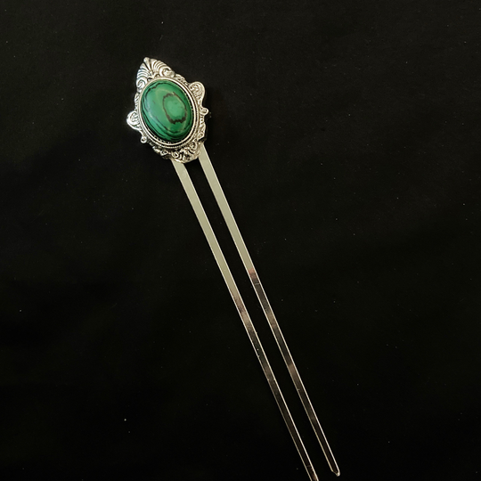 Extra Long Hair Fork, Malachite Green Stone Hair, Silver, Natural Stone, Stripes, U Shaped Silver Pin