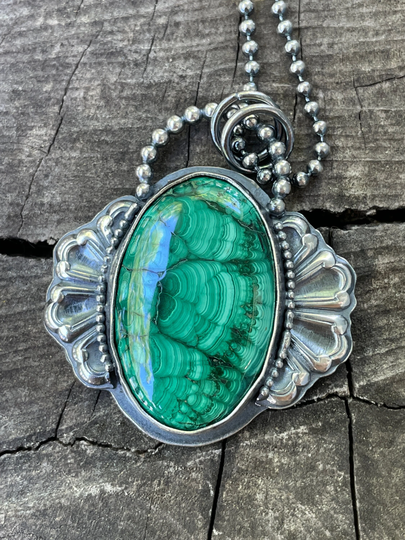 Malachite Pendant in Sterling Silver, Handmade Green Gemstone Necklace, Artisan Jewelry
