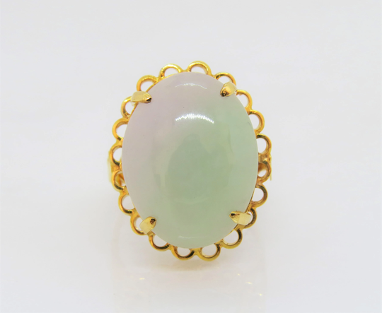 Vintage 18K Solid Yellow Gold Natural Lavender, Green Jadeite Jade Ring Size 7.5