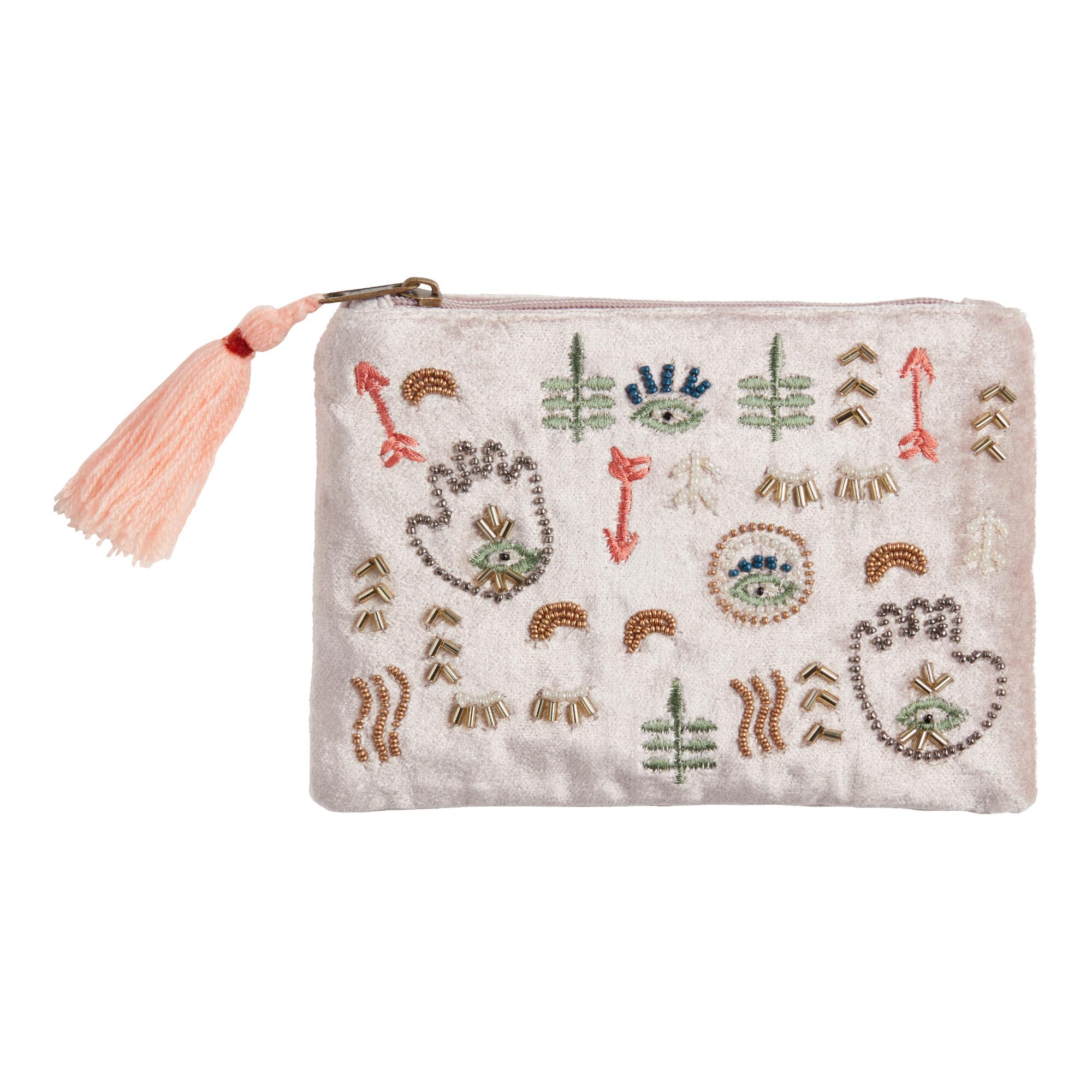 Champagne Velvet Hamsa and Evil Eye Beaded Jewelry Pouch by World Market