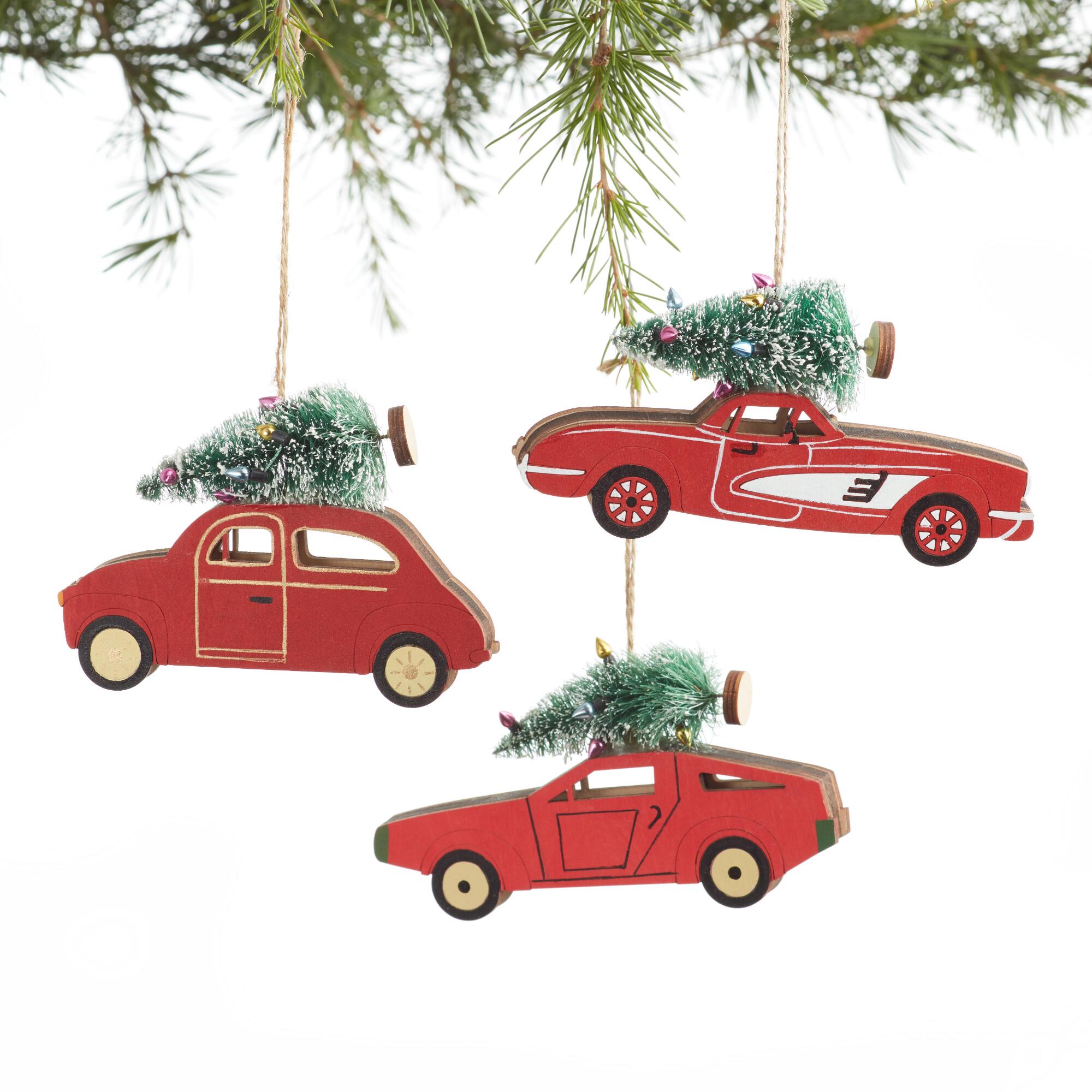 Laser Cut Wood Retro Car with Tree Ornaments Set Of 3: Multi by World Market