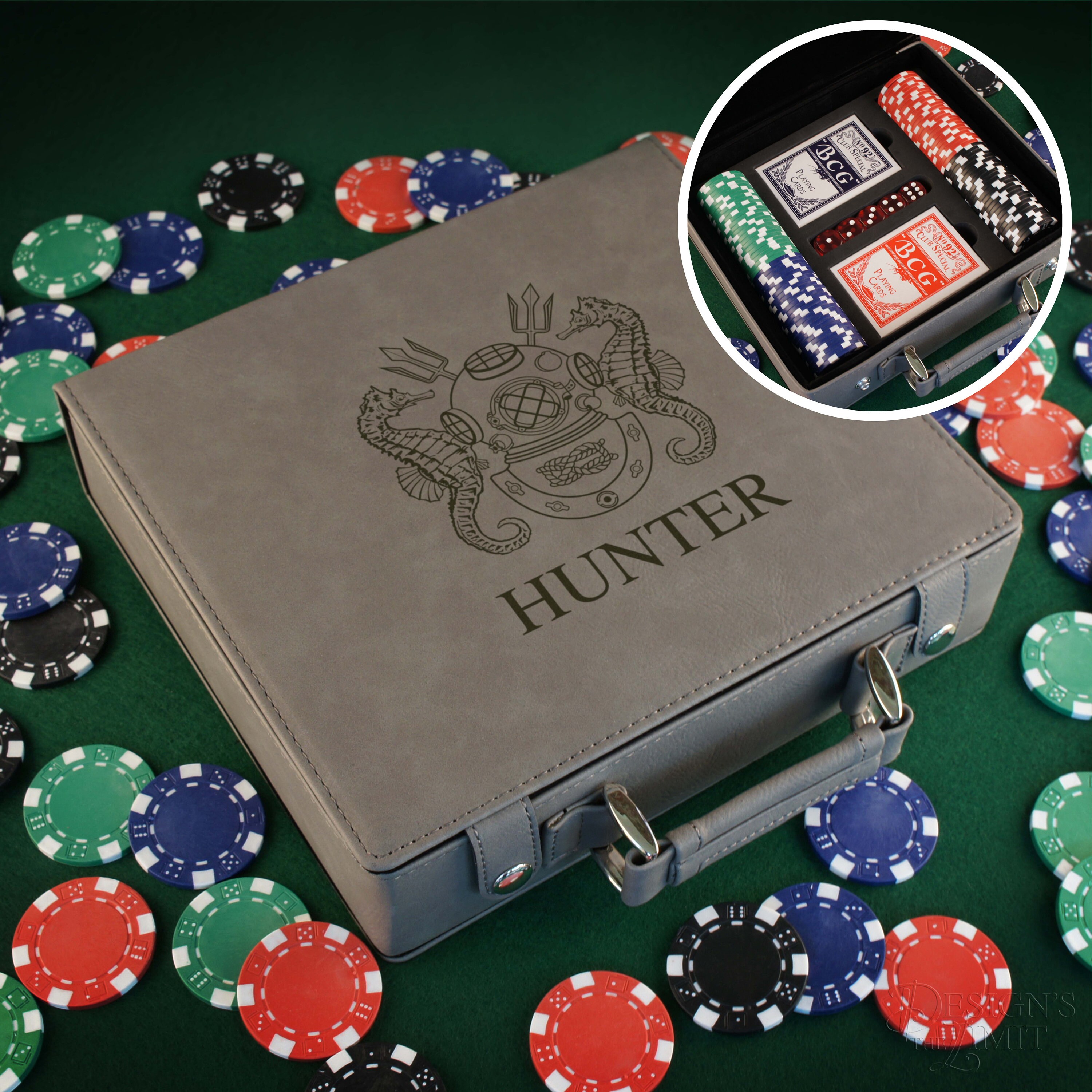Personalized Poker Gift Set With Cards, Chips, & Dice Including Engraved Case Monogram Design Options | Each