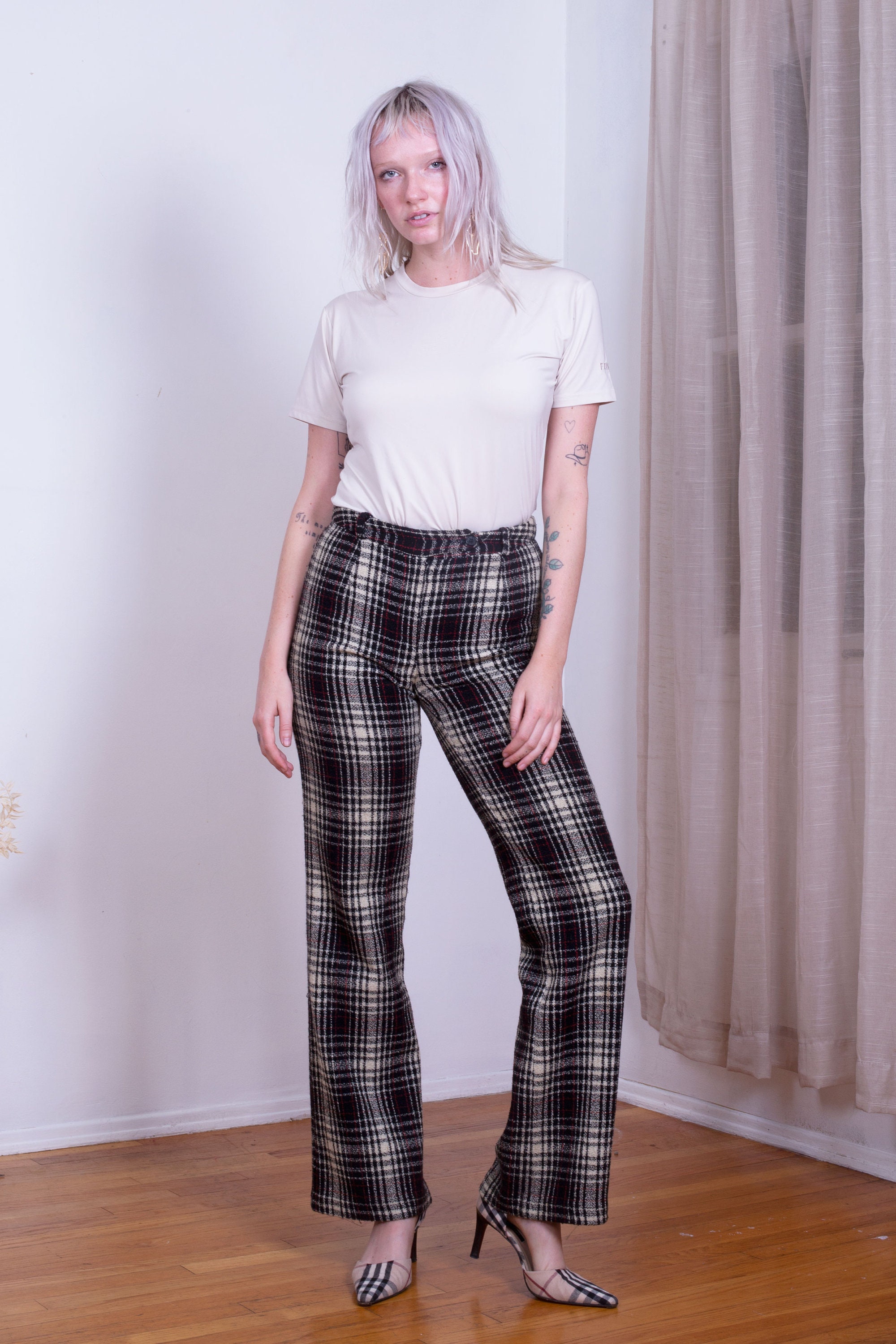 1990S Bcbg Plaid High Waist Wool Blend Flared Trousers 90S Max Azria Y2K Bellbottoms Checkered Sz 25 26
