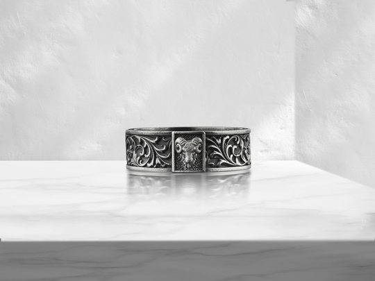 sterling Silver Aries Ram Zodiac Floral Motif Band Men, Solid 925 Boho Leaf Pattern Women Ring, Astrology Animal Jewelry, Ring For Men