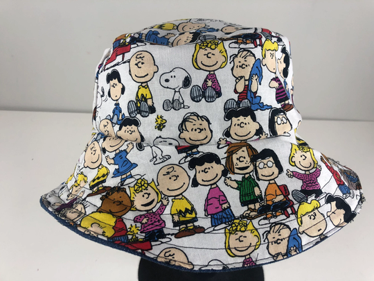 Cotton & Denim Reversible Bucket Hat Of Peanuts Gang Charlie Brown Snoopy Woodstock Cartoon Fabric