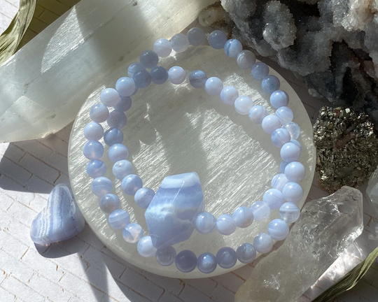 Blue Lace Agate Crystal Point Beaded Gemstone Bracelet