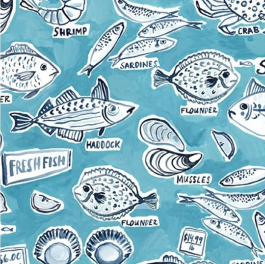 Retro Style Fish Market & Seafood Design Fabric For Aprons Kitchen Decor