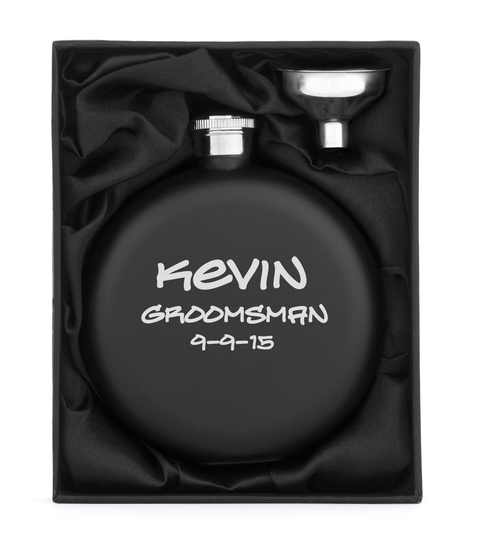 Engraved 5Oz Matte Black Stainless Steel Round Hip Flask Funnel Gift Set Box Personalized Custom Groomsman Best Man Wedding