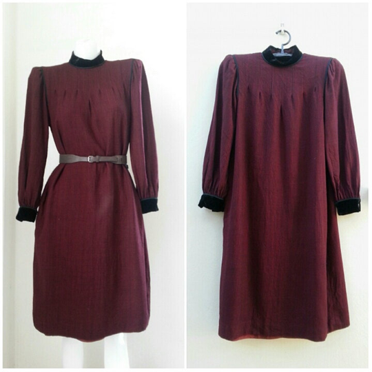 Vintage Nina Ricci Maroon Wool Dress/Metal Zipper Size 7 Small Oversize