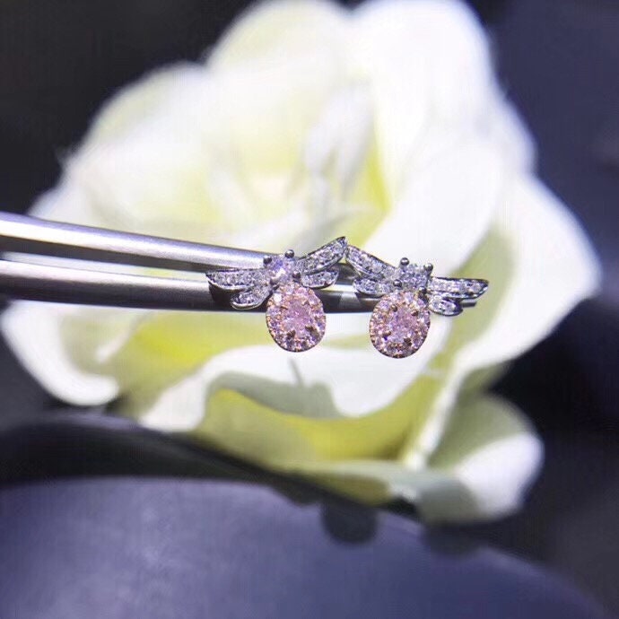 Pink Diamond Bee Stud Earrings in Solid 18K Two Tone Gold/Custom Jewelry/Personalization Design/Gift For Women & Girls