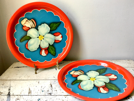 Vintage Metal Serving Trays With Magnolia Blossoms