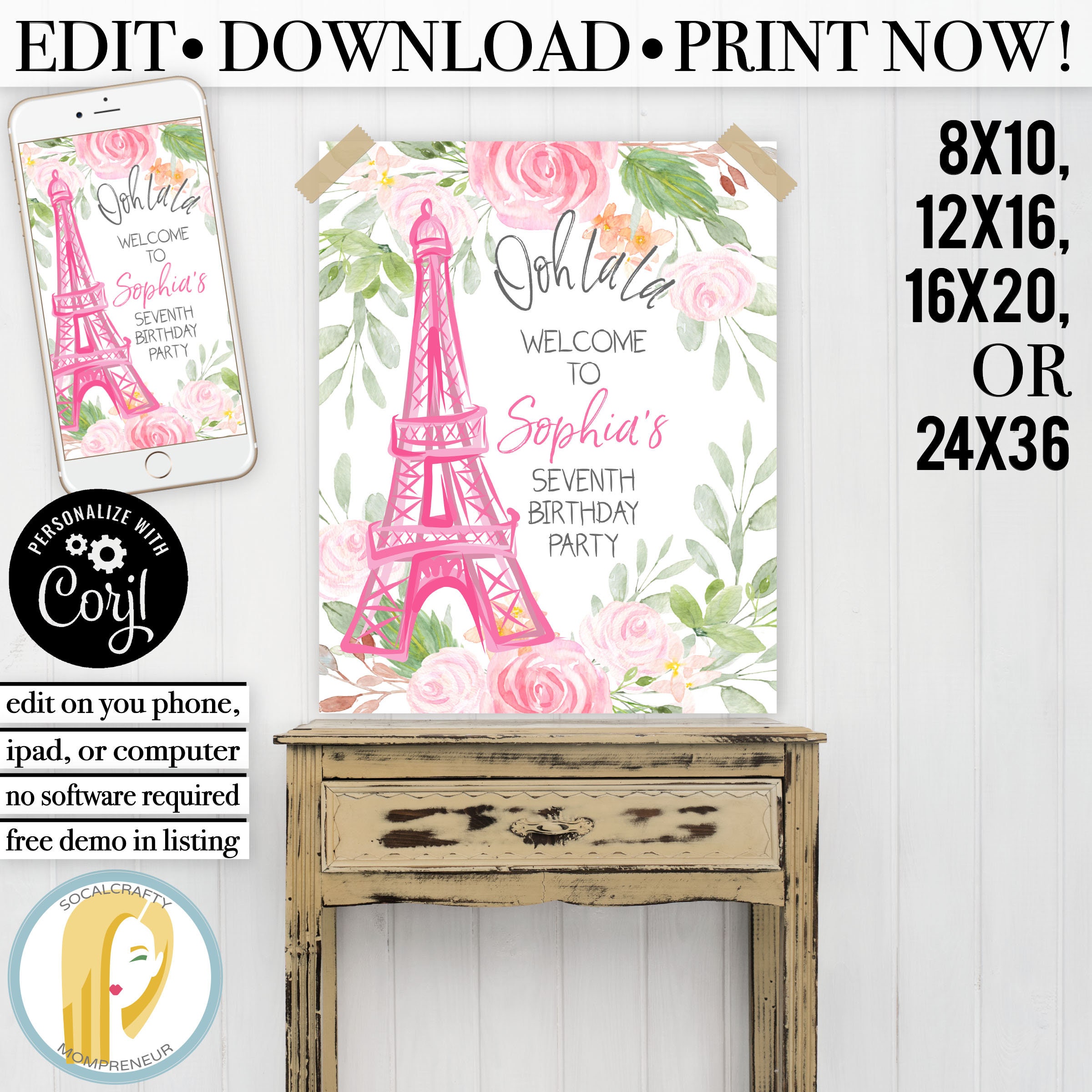 Editable Eiffel Tower Birthday Party Poster/Paris Welcome Sign Parisian Decor Watercolor Floral Corjl Print Printable 002
