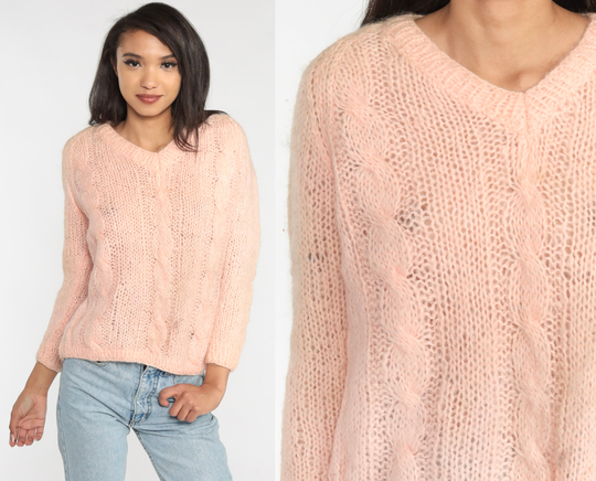 70S Pink Sweater Sheer Cable Knit Mohair Wool Blend Pullover Retro Boho Pastel Girly Knitwear Bohemian V Neck Vintage 1970S Medium