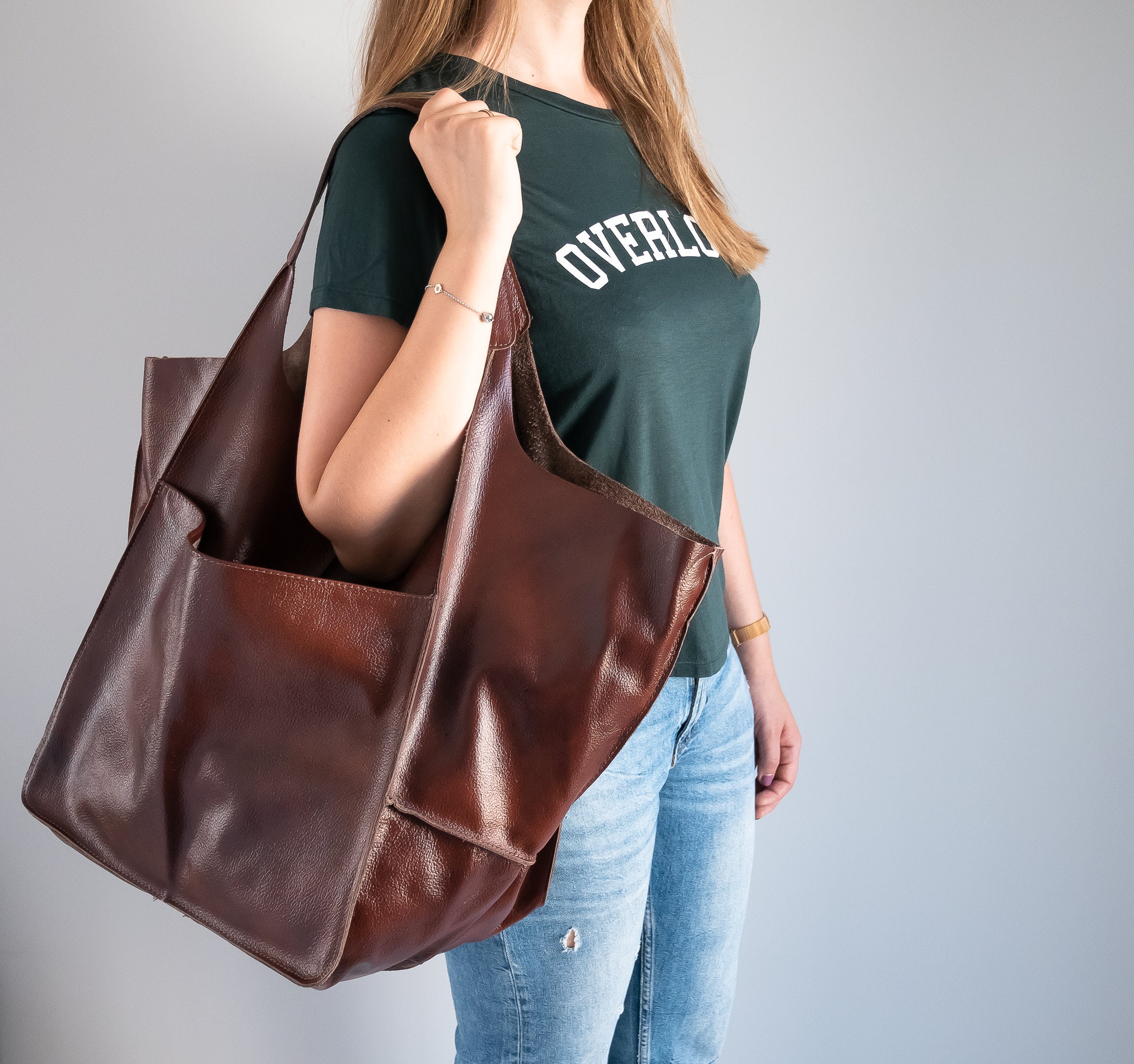 Large Leather Tote, Cognac Brown Handbag, Everyday Foldover Bag, Women Leather Bag Large Shoulder Hobo, Oversize Weekender Aa