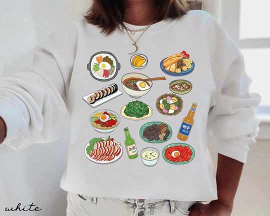 Korean Food Sweatshirt, Cute Fashion Ramen Soju Kimchi Bibimbap Shirt