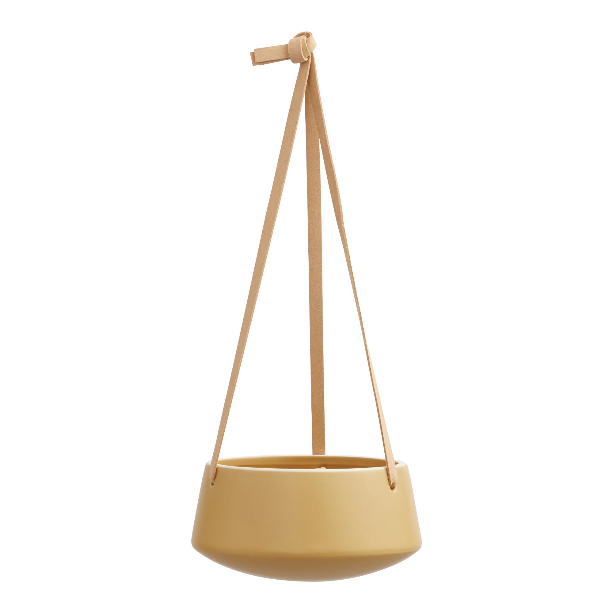 Ochre Ceramic Hanging Planter With Leather Straps: Yellow by World Market