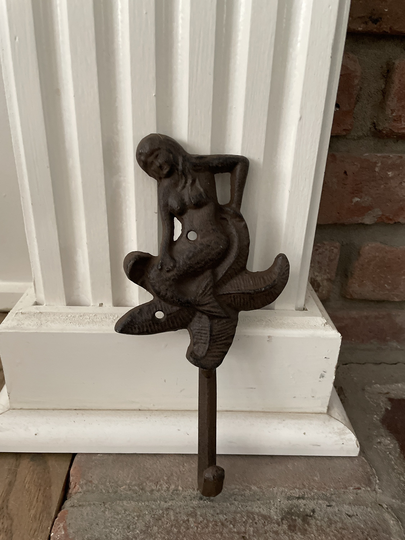 Mythology Cast Iron Mermaid Hook, Single Door Wall Mount Indoor Outdoor, Beach House