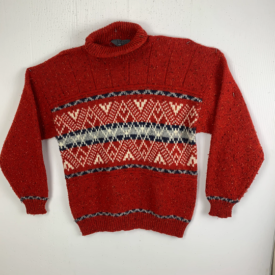 Vintage Lizwear Red Womens Sweater L Christmas Ski Pullover Turtleneck Wool Blend Fair Isle Speckle Knit Excellent Condition Warm