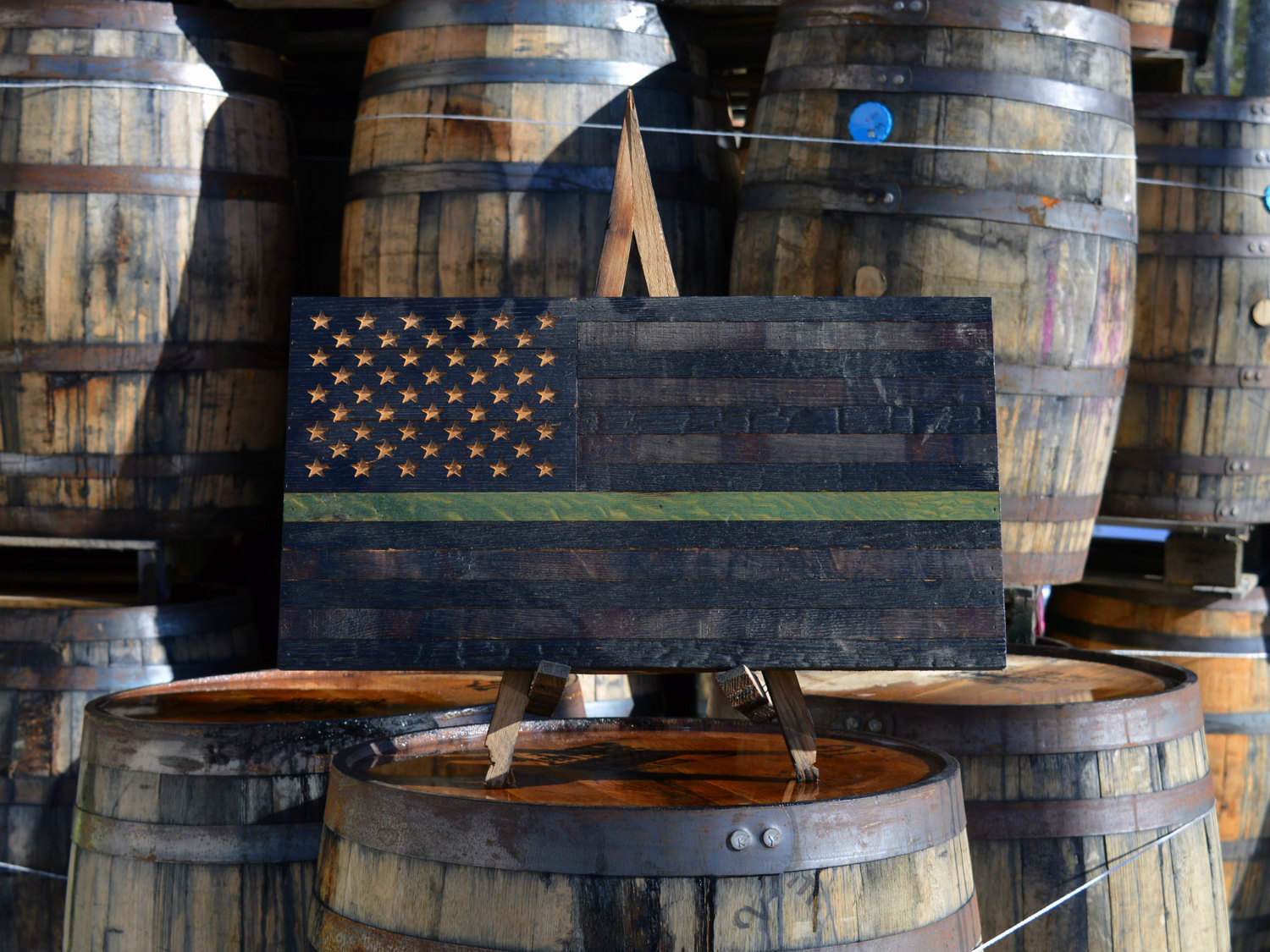 Usa Thin Green Line Support Series Whiskey Barrel Flag - Proceeds Donated