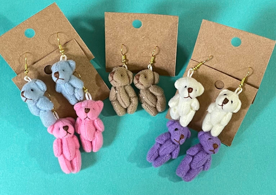 Sweet Teddy Bear Earrings Dangle Blue Brown Lavender Tan Pink