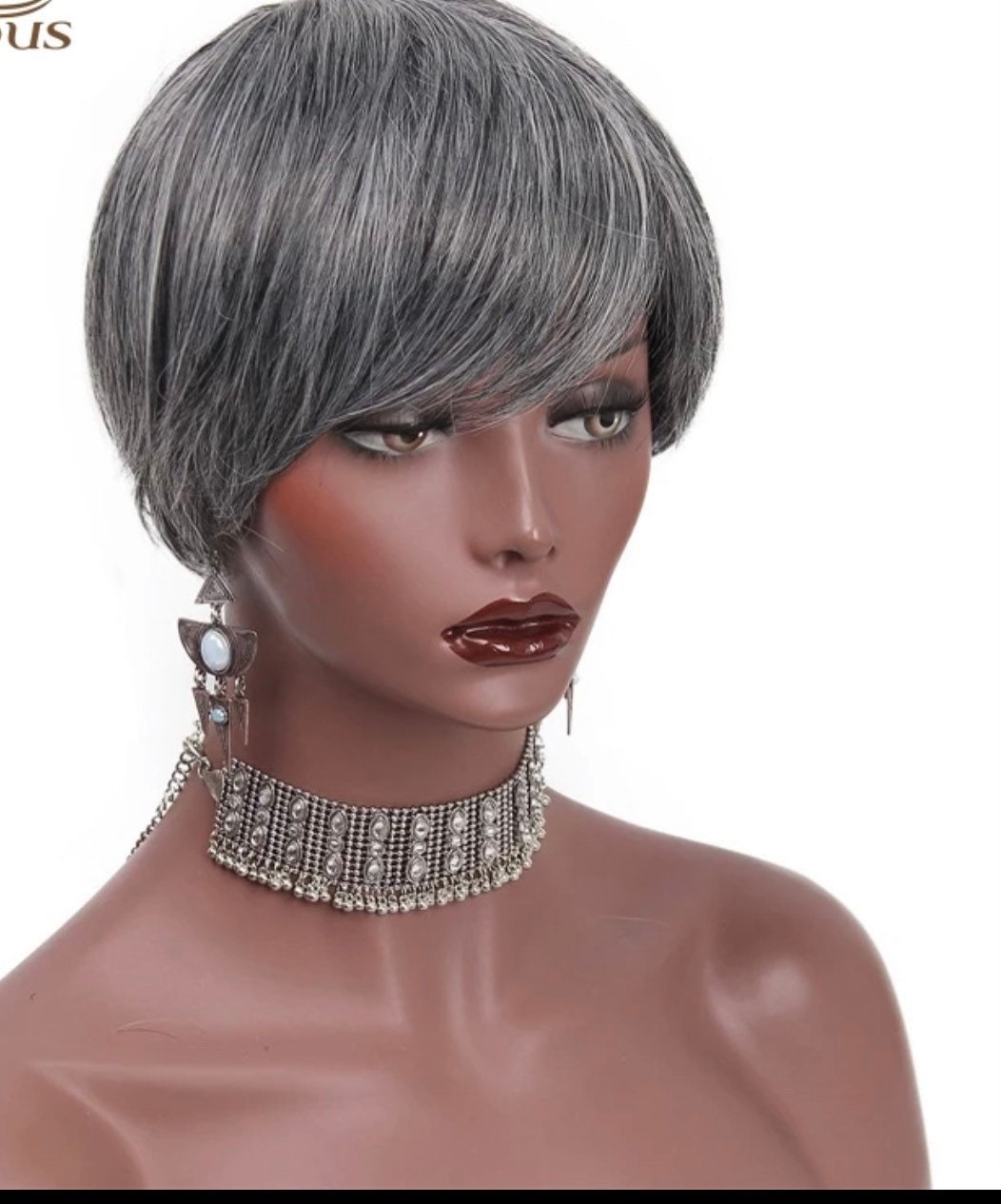 Gray Short Pixie Cut Human Hair Blend Wig