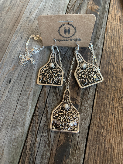 Tooled Cow Tag Necklace & Earring Set With White Center Stone