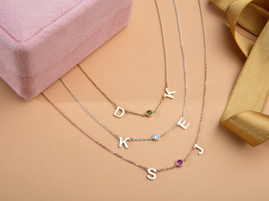 Silver Letter Birthstone Necklace, Initial Pendant, 14K Gold Charms With Birthstone, Gift For Mom, Valentines Day