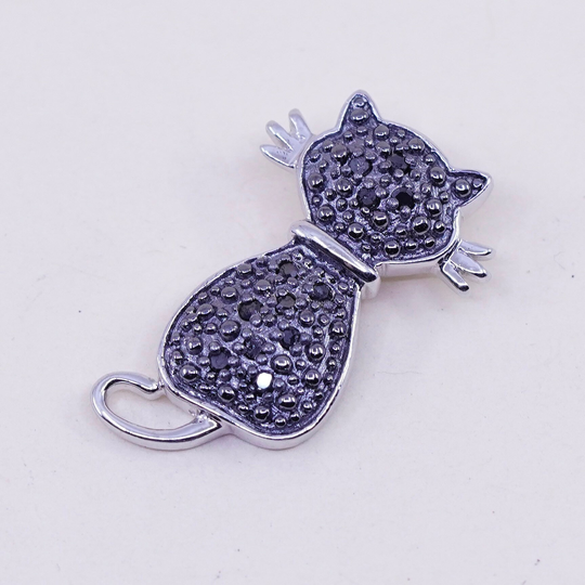 Vintage Sterling Silver Handmade Pendant, 925 Kitty Cat With Black Diamond, Stamped